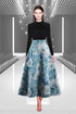 Drop-Dead Gorgeous Two Piece Set Long Sleeve Black Knit Top with High Waist Vintage Hepburn Oil Painting Print Big Swing Skirt Party, Cocktail Dress